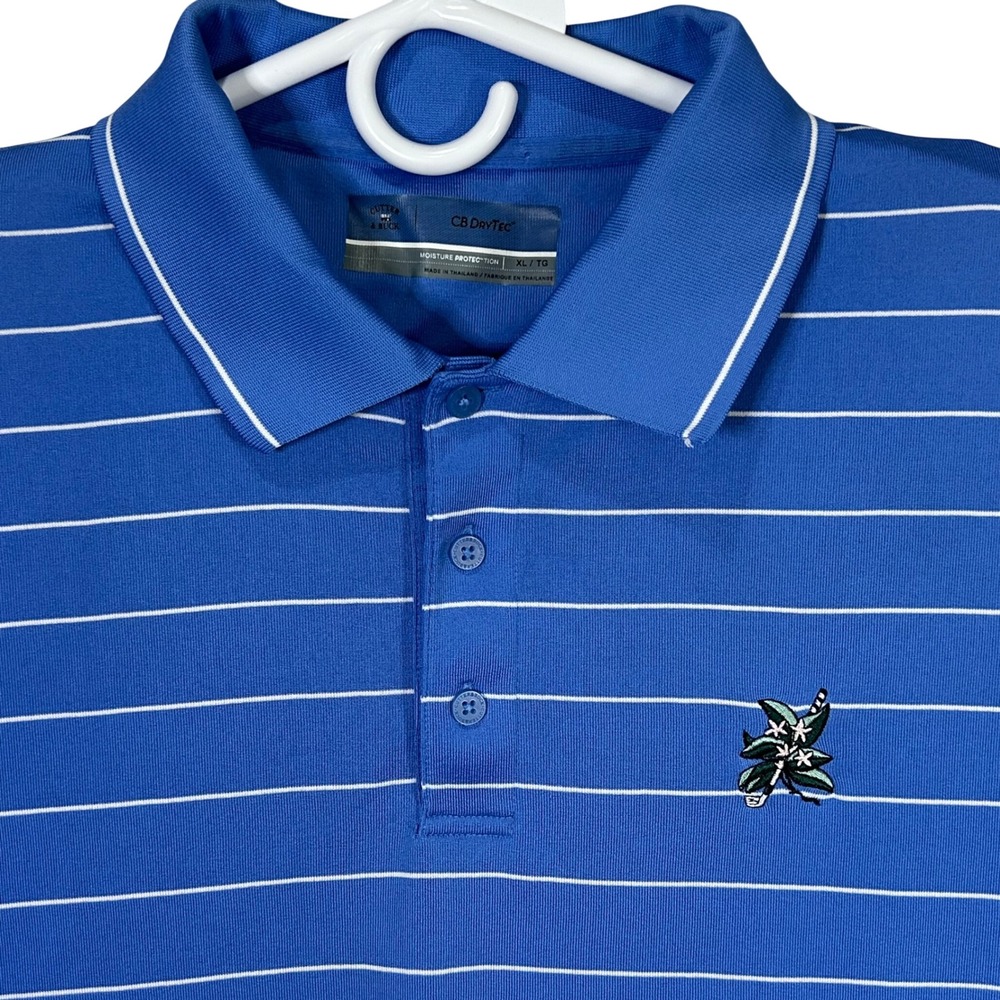 Cutter & Buck CB DryTec Men's XL Blue White Stripe Golf Polo Shirt Moisture Wick